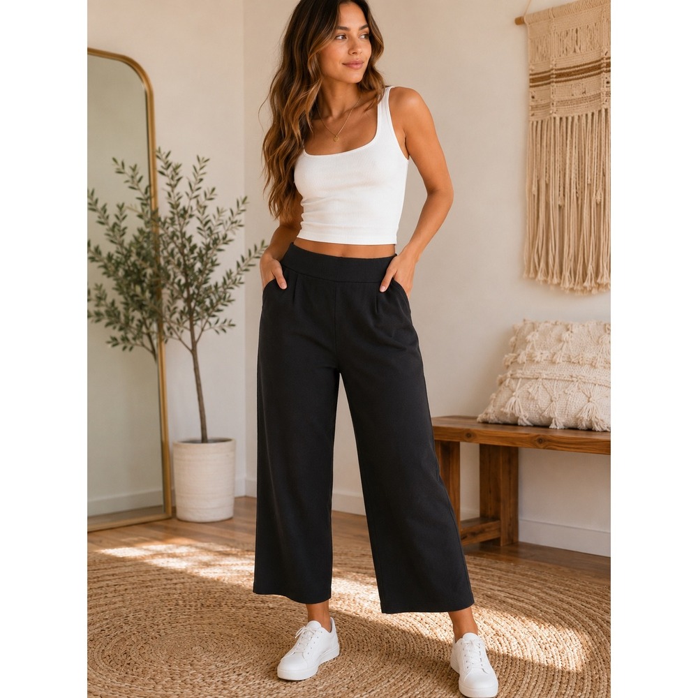 Spanx Black Wide Leg Cropped Pants High Rise Pull On Trousers Womens Size XL